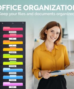 Black Pocket Chart for Classroom - 10 Pocket Storage Rainbow Pocket Charts , 3 Over Door Hangers Included, Hanging Wall File Organizer for File Folders, School Mailbox, Home/Office Papers Black - (10 Name Tag Pockets) 14 81q0avD6ckL