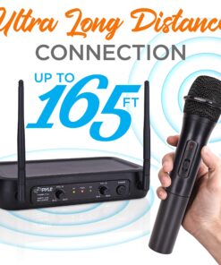 Pyle Channel Microphone System-VHF Fixed Dual Frequency Wireless Set with 2 Handheld Dynamic Transmitter Mics, Receiver Base-for PA, Karaoke, Dj Party (PDWM2135) , Black 24 81qKwmg 1IL