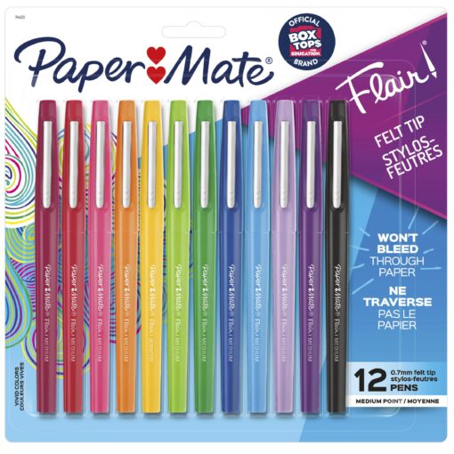 Paper Mate Flair Felt Tip Pens, Medium Point (0.7mm), Assorted Colors, 12 Count 12 Count Flair