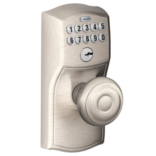 SCHLAGE FE595 CAM 619 GEO Camelot Keypad Entry with Flex-Lock and Georgian Style Knobs, Satin Nickel Georgian Knob Camelot Trim