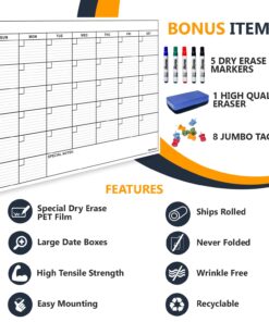 Dry Erase Laminated Jumbo Wall Calendar, Huge 24-inch by36-Inch Size, Monthly Planner for Home Office, Classroom, Large Date Boxes, Reusable Film, Never Folded, Includes 5 Markers, 8 Tacks. I Eraser White 24 x 36 - 1 month 18 81qSGRcxQML