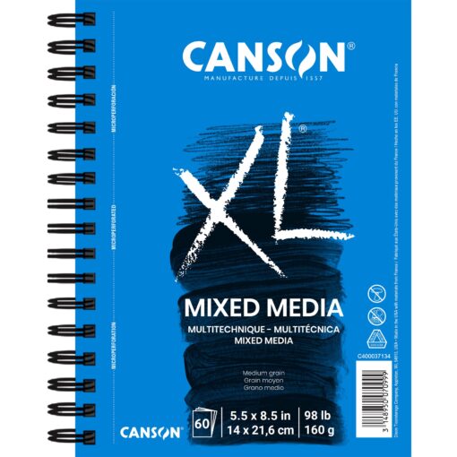 Canson XL Series Mix Paper Pad, Heavyweight, Fine Texture, Heavy Sizing for Wet or Dry Media, Side Wire Bound, 98 Pound, 5.5 x 8.5 in, 60 Sheets, 5.5"X8.5" 5.5x8.5 Mixed Media