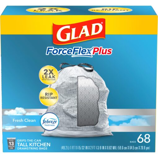 Glad ForceFlexPlus Tall Kitchen Drawstring Trash Bags - 13 Gallon Grey Trash Bag, Fresh Clean with Febreze Freshness 68 Count