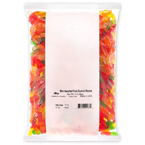 Albanese World's Best Mini Assorted Fruit Gummi Worms, 5lbs of Candy Lemon, Cherry, Orange, Pineapple, Strawberry, Apple 5 Pound (Pack of 1)