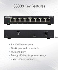 NETGEAR 8-Port Gigabit Ethernet Unmanaged Switch (GS308) - Home Network Hub, Office Ethernet Splitter, Plug-and-Play, Silent Operation, Desktop or Wall Mount 8 Port 19 81qYbbqF22L