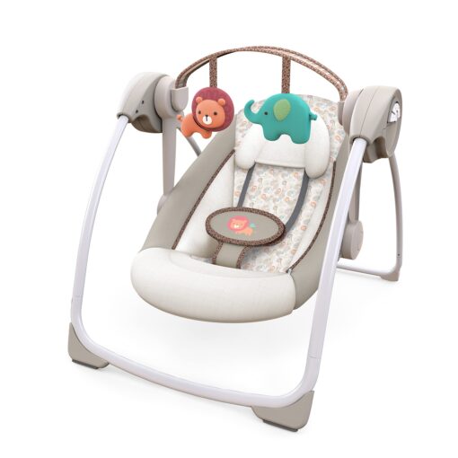 Ingenuity Soothe 'n Delight Compact Portable 6-Speed Plush Baby Swing with Music, Folds Easy, 0-9 Months 6-20 lbs (Cozy Kingdom) Cozy Kingdom