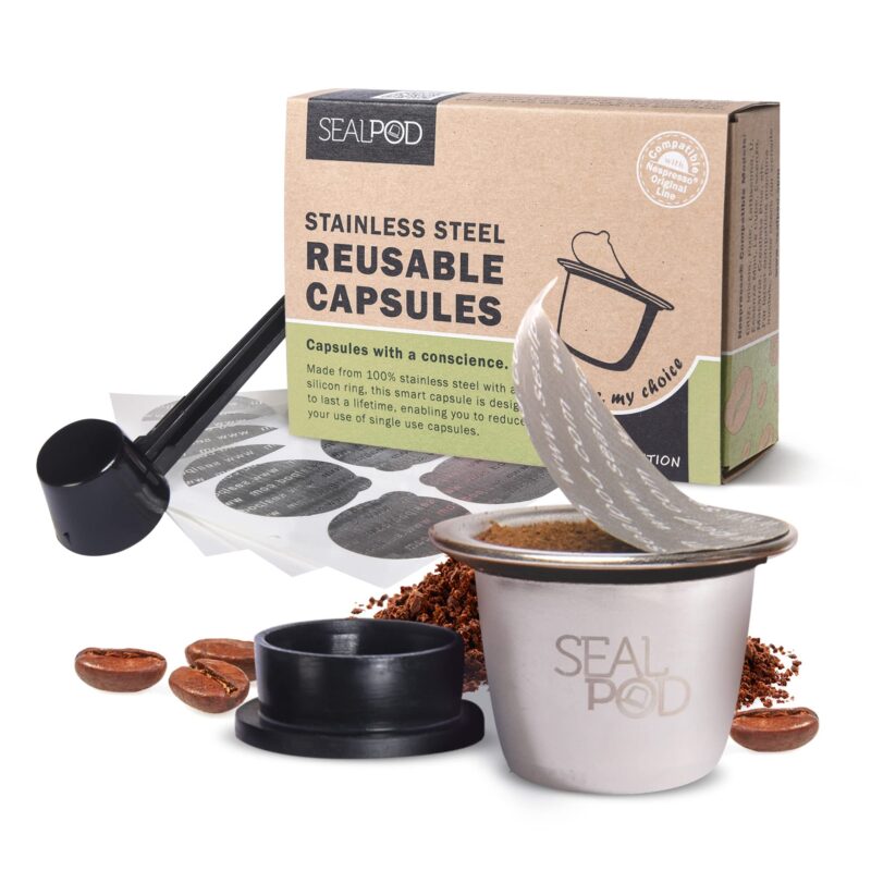 Catalog 8 SEAL POD Refillable Coffee Capsules – Stainless Steel Reusable Capsules Compatible with Nespresso Line Coffee Machines- Eco-Friendly Refillable Pods – Pack of 1 Coffee Pod, 100 Lids 1 Pod, 1 Cover, 100 Lids