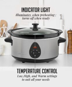 OVENTE Electric Slow Cooker with 3.7 Qt Ceramic Pot and 3 Cooking Settings, Dishwasher-Safe Stoneware, Tempered Glass Lid, Portable Multicooker Perfect for Soups Sauces Stews & Dips, Silver SLO35ABR 3.7 Quart 12 81qsBTGBiXL