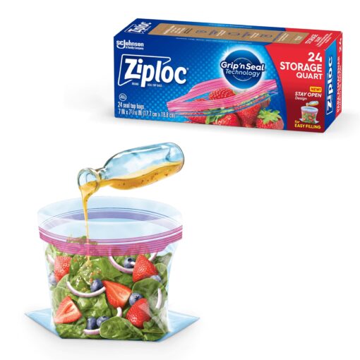 Ziploc Quart Food Storage Bags, New Stay Open Design with Stand-Up Bottom, Easy to Fill, 24 Count