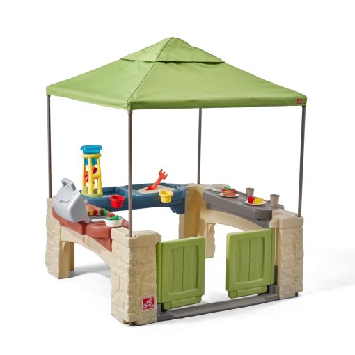 Step2 All Around Playtime Patio with Canopy, Kid Indoor and Outdoor Kitchen Playset, Sensory Playhouse, Kids Ages 2+ years old, Easy Assembly, Green