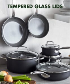 GreenPan Chatham Hard Anodized Healthy Ceramic Nonstick 10 Piece Cookware Pots and Pans Set, Frying Pan Skillets, Saucepans, Saute Pan, Stockpot, Lids, PFAS-Free, Dishwasher Safe, Oven Safe, Gray 18 81r8KdtBxRL