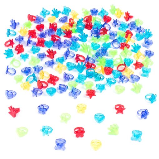 Super Z Outlet Colorful Assorted Plastic Glitter Toy Rings | Bag Of 144 Rings (Hearts, Bears, Stars, Hands & Flowers) | Use As Party Favors, Cake Toppers, In Goody Bags, Piñatas, Arts, Crafts & More