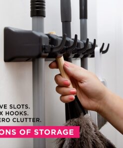 Berry Ave Broom Holder & Wall Mount Garden Tool Organizer - Home Laundry Room, Kitchen, Closet, Shed, Garage Organization and Storage Utility Rack - 5 Slots & 6 Hooks -Rake, Shovel, Mop Hanger (Black) 1 Pack Black 24 81rNB9M4UmL