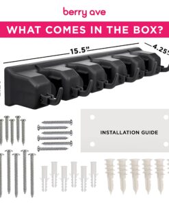 Berry Ave Broom Holder & Wall Mount Garden Tool Organizer - Home Laundry Room, Kitchen, Closet, Shed, Garage Organization and Storage Utility Rack - 5 Slots & 6 Hooks -Rake, Shovel, Mop Hanger (Black) 1 Pack Black 29 81rOh7waktL
