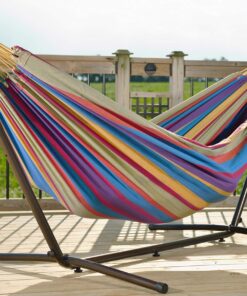 Alternative view of Vivere Double Cotton Hammock with Space Saving Steel Stand, Tropical (450 lb Capacity - Premium Carry Bag Included) Tropical With Charcoal Frame