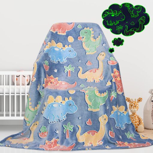 Cute Kids Blanket Glow in The Dark Dinosaur for Boys Flannel Glowing Bed Sofa Couch Soft Warm Fluffy Blankets Unique Christmas Birthday Gift Teen Color Dinosaur Throw Size 50" x 60" (130 x 150 cm)