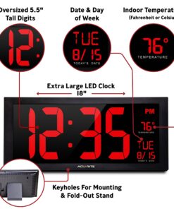 AcuRite Large Digital LED Oversized Wall Clock with Date, Temperature and Fold-Out Stand, 18-Inch, Red 25 81rccdXUzQL