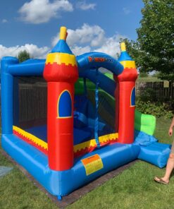 Bounceland Royal Palace Inflatable Bounce House, with Long Slide, Large Bouncing Area, Basketball Hoop and Sun Roof, 13 ft x 12 ft x 9 ft H, UL Strong Certified Blower, Castle Kids Party Theme With Blower 65 81rf2I2VG6L