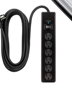 GE 6-Outlet Surge Protector, 20 Ft Extension Cord, Power Strip, 800 Joules, Flat Plug, Twist-to-Close Safety Covers, Protected Indicator Light, UL Listed, Black, 50769 1 Pack