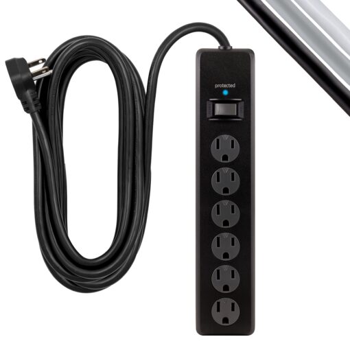 GE 6-Outlet Surge Protector, 20 Ft Extension Cord, Power Strip, 800 Joules, Flat Plug, Twist-to-Close Safety Covers, Protected Indicator Light, UL Listed, Black, 50769 1 Pack