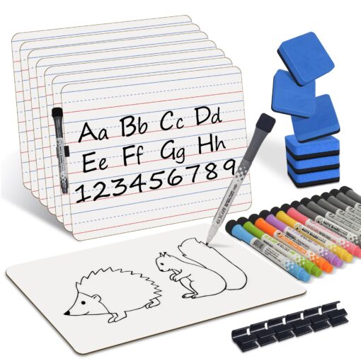 6 Pack Dry Erase Boards, 9"x12" Double Sided Small Whiteboards with Lines for Kids, Students, Education Teacher Classroom, Mini Portable Drawing Learning Lapboards with 7 Colors Pens, 6 Erasers 6 Pack Plain/Lined