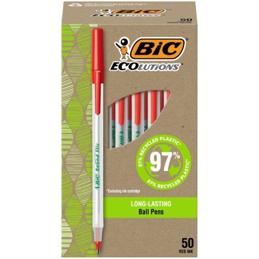 BIC ReVolution Round Stic Ball Point Red Pens, Medium Point (1.0mm), Made From 74% Recycled Plastic, Red Pens, 50-Count 50 Count (Pack of 1)