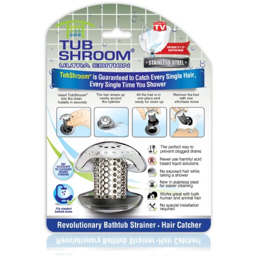 TubShroom Ultra Revolutionary Bath Tub Drain Protector Hair Catcher/Strainer/Snare Stainless Steel, 1-Pack, Silver Stainless Single