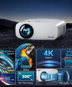 Pericat 5G WiFi Projector Bluetooth,10000L Native 1080P Outdoor Portable Video Projector 4K Supported,Home Theater Movie Projector 300'' Display,Compatible iOS/Android//PC/TV Stick/PS5 White 15 81sA96EgqEL