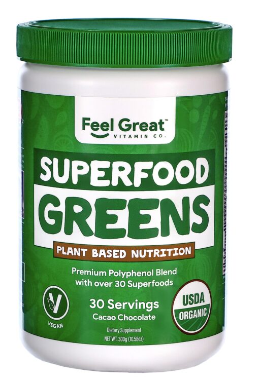 Organic Superfood Greens Powder - Cocoa Chocolate | Super Greens Fruit & Vegetable Supplement | Over 20 Greens, Fruits & Veggies, Fiber, Probiotics & Digestive Enzymes | 30 servings Superfood Cacao Greens Powder