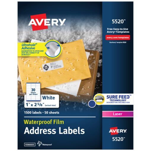 Avery Waterproof Printable Address Labels with Sure Feed, 1" x 2-5/8", White, 1,500 Blank Mailing Labels (5520) 1,500 labels