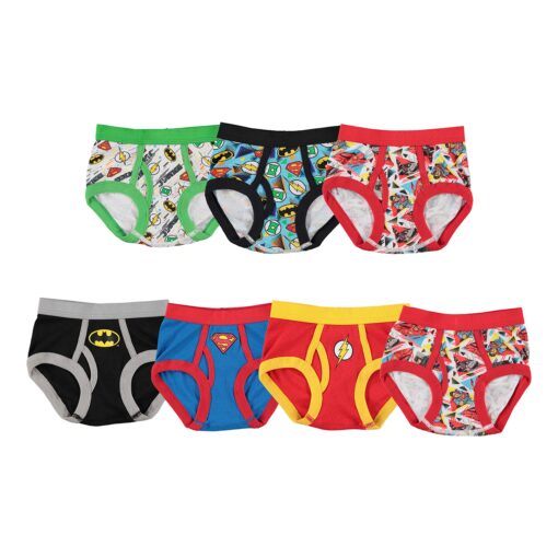 DC Comics Boys' 100% Cotton Briefs with Prints Including Superman, Batman, The Flash Logos, Sizes 2/3t, 4t, 4, 6, 8 2-3T 7-pack Justice League Logo