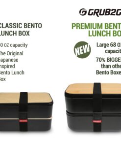 GRUB2GO Premium Bento Lunch Box (Large 68 Oz Capacity) | 2023 Exclusive, 70% Bigger | Includes Bamboo Chopping Board Lid, Carry Bag, 2 Dividers, Utensils, Sauce Container Premium 2021 Model: Executive Black (68 OZ) 36 81sfnd7RtRL