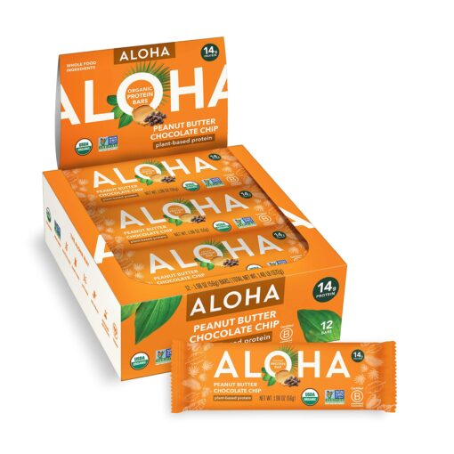 ALOHA Organic Plant Based Protein Bars |Peanut Butter Chocolate Chip | 1.98 Oz (Pack of 12) | Vegan, Low Sugar, Gluten Free, Paleo, Low Carb, Non-GMO, Stevia Free, Soy Free, No Sugar Alcohols Peanut Butter Chocolate Chip