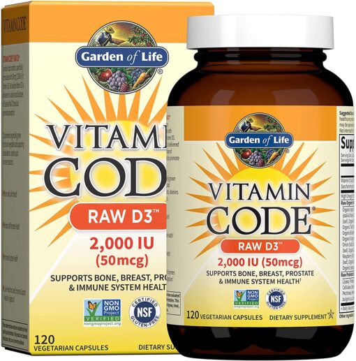 Garden Of Life D3 - Vitamin Code Whole Food Raw D3 Vitamin Supplement, 2000 Iu, Dairy and Gluten Free, Vegetarian, 120 Capsules D3 with Organic Green Cracked Wall Chlorella Plus Probiotics 120 Count (Pack of 1) Vitamin D