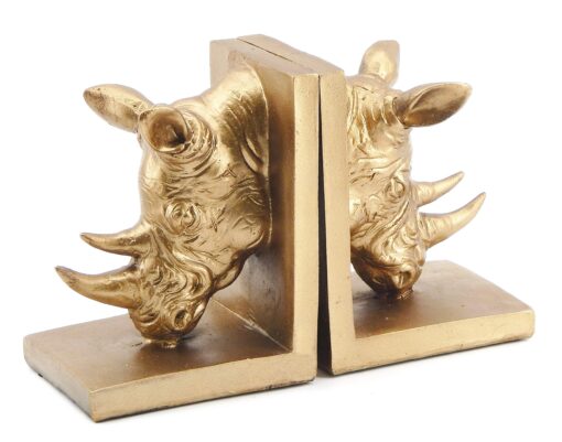 Bellaa 21800 Rino Decorative Bookend The Cool Rinocer Vintage Style Rhino Golden Statues Bookshelves Home Decor 7 inch Retro Book Ends Industrial Rustic