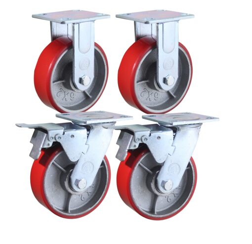 6 Inch - 6" X 2" Industrial Casters - 2 Fixed and 2 Swivel Caster Wheels with Brakes - Cast Iron Plate Casters Set of 4 Heavy Duty - 3500 lb Capacity - Foghorn Construction 2 Brake and 2 Fixed Set