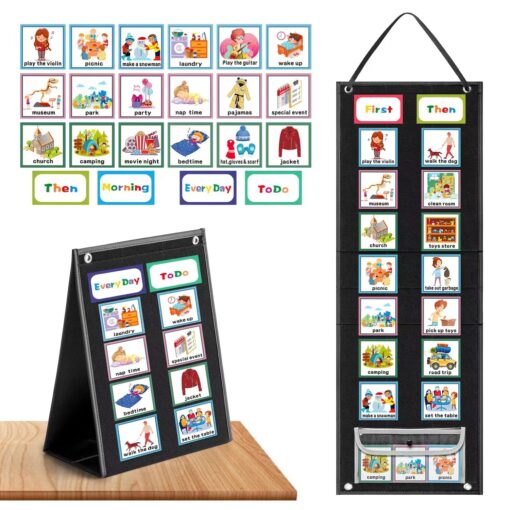 ANCOMEDO Visual Schedule Chart for Kids Chore with 92 Pieces Cards, Visual Behavioral Routine Tool for Toddlers, Daily Schedule Board Autism Learning Materials for Classroom Home (Standard Size) Normal