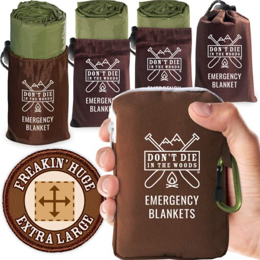 Don't Die In The Woods - Freakin’ Huge Emergency Blankets [4-Pack] Extra-Large Thermal Mylar Space Blankets with Ripstop Nylon Stuff Sacks + Carabiner Zipper Pack [Army Green] Army Green