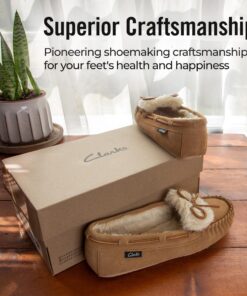 Clarks Womens Folded Tongue Suede Leather Moccasin Slipper ICH30746C - Plush Faux Fur Lining - Indoor Outdoor House Slippers For Women 8 Cinnamon 9 81tCu1R4WZL