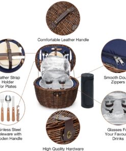 Unique Willow Picnic Basket for 2 Persons, Natural Wicker Picnic Hamper with Service Set and Insulated Cooler Bag - Best Gifts for Father Mother Shabby Chic 19 81tD5yUPHBL