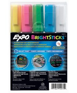 EXPO Bright Sticks Wet Erase Fluorescent Markers, Bullet Tip, Assorted Colors, 5 Count