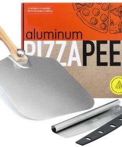 OUII Pizza Peel Aluminum Metal Pizza Paddle - 12 x 14 inch. Pizza Cutter Rocker 14'' Blade Pizza Spatula for Pizza Stone, Pizza Oven Accessories. Pastry, Dough, Bread Peel and Rocker Knife Pizza Tools 12" X 14" NON-PERFORATED 29 81tZyU0L1cL