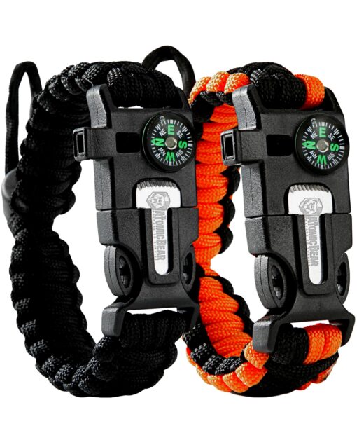 Atomic Bear Paracord Bracelet (2 Pack) - Adjustable - Fire Starter - Loud Whistle - Perfect for Hiking, Camping, Fishing and Hunting - Black & Black+Orange