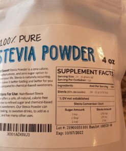 NatriSweet Stevia Powder, 4 oz, Pure Stevia Sweetener with No Additives, No Fillers, Zero Carbs, Zero Calorie, Organic Stevia Powder For Sugar Substitute, 300 Times Sweeter Than Sugar, 800+ Servings 38 81tkGrgJx2L