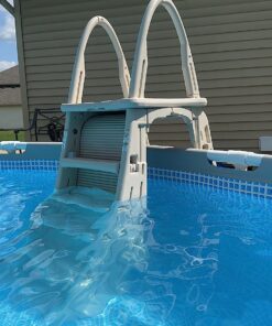 Confer Plastics 7200 Roll Guard 48" to 56" Adjustable A Frame Safety Ladder for Above Ground Outdoor Patio Swimming Pool Platform Ladder with Step Barrier, Warm Grey 43 81tnyRVxDoL