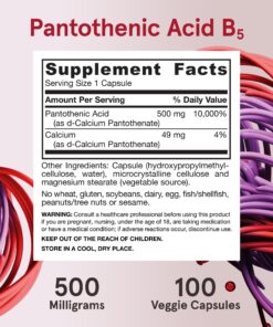 Jarrow Formulas Pantothenic Acid B5 500 mg - 100 Veggie Caps - Essential B Vitamin - Energy Production & Metabolism Support - 100 Servings 100 Count (Pack of 1) 17 81tyGCiQ1QL