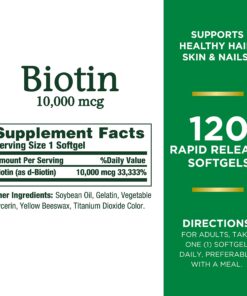 Nature's Bounty Biotin, Supports Healthy Hair, Skin and Nails, 10,000 mcg, Rapid Release Softgels, 120 Ct Unflavored 120 Count (Pack of 1) 20 81uFs7BUgEL