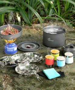 Odoland 22pcs Camping Cookware Mess Kit, Large Size Hanging Pot Pan Kettle with Base Cook Set for 4, Cups Dishes Forks Spoons Kit for Outdoor Camping Hiking Picnic 31 81uH56HBbqL