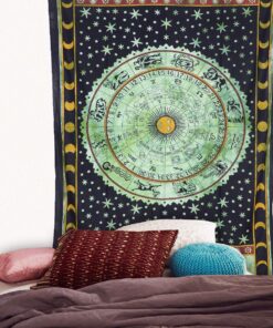 Alternative view of Madhu International Zodiac Mandala Tapestry Hippie Wall Hanging Astrology Tapestry Indian Handmade Tapestries Celtic Horoscope Tapestry Wall hanging (Green, Twin(54x82Inches)(140x210cms)) 54" x 82" Green