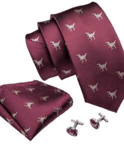 Alternative view of Barry.Wang Fun Animal Ties for Men Designer Handkerchief Cufflink WOVEN Casual Necktie Set A Burgundy Dinasour